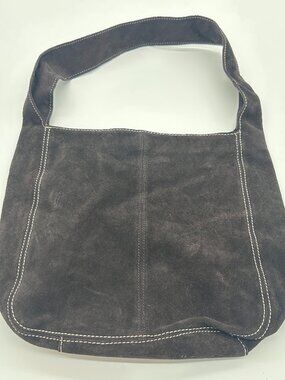 Old Navy Purse Shoulder Hobo Bag Brown Suede Cow Leather White Stitch VTG 2002